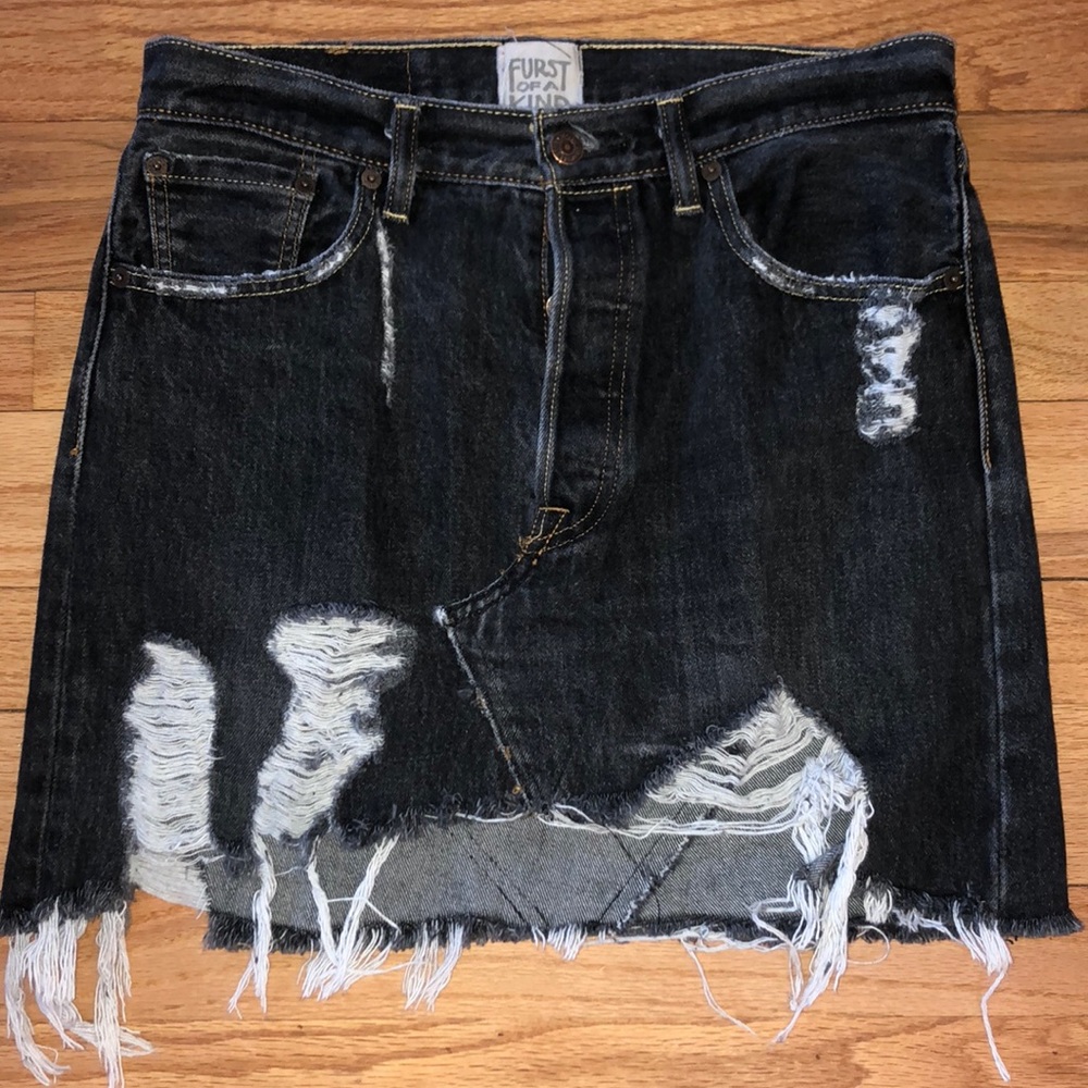 Distressed dark denim skirt